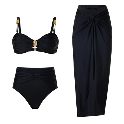 YUNIDMEIM 3 Piece Swimsuits for Women Retro Bikini Set Beach Wrap Skirt High Waisted Bikini Sets for Women Tummy Control Black - Royalessencelux