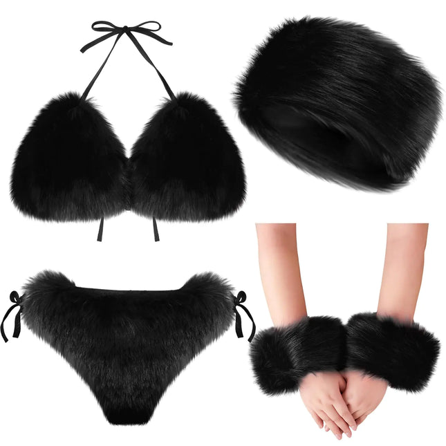 Ramede 4 Pcs Womens Faux Fur Bikini Bra Top Fur Headband Wrist Cuffs Bikini Panties Set Furry Suits for Women Swimsuits(Black) - Royalessencelux