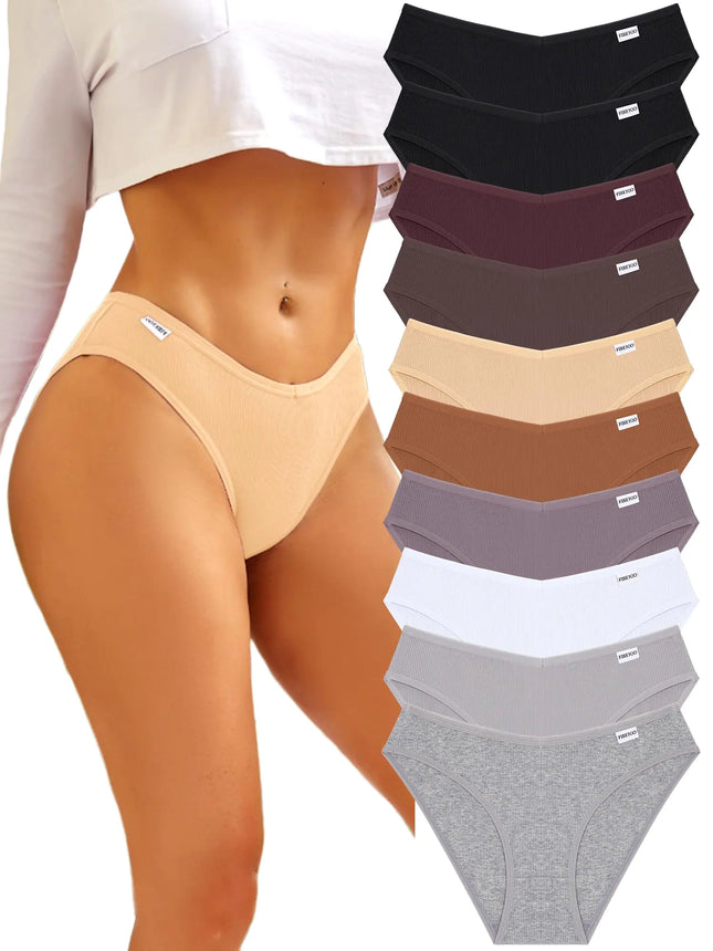 FINETOO Womens Underwear Cotton Bikini Rib Cheeky Panties Sexy V-shaped Waistband Hipster - Royalessencelux