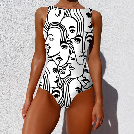 One-piece Fashion Vintage Abstract Print Lady Swimsuit Women Sleeveless Round Neck Bikini Swimwear Summer Push Up Swimsuit - Royalessencelux