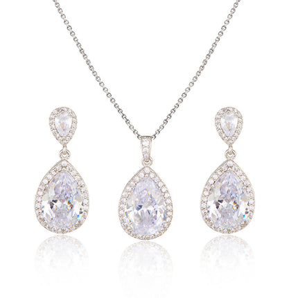 Bright Big Zircon Water Drops Necklace Eardrops Suit Bride Wedding Jewelry Simple Graceful - Royalessencelux