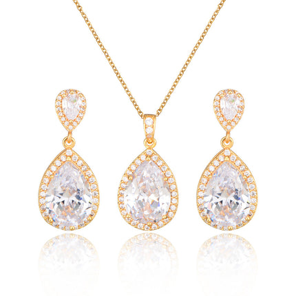 Bright Big Zircon Water Drops Necklace Eardrops Suit Bride Wedding Jewelry Simple Graceful - Royalessencelux
