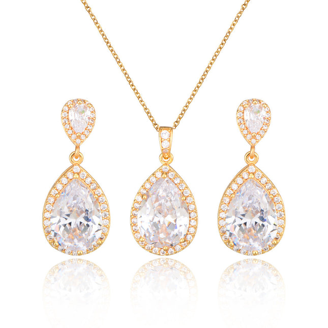 Bright Big Zircon Water Drops Necklace Eardrops Suit Bride Wedding Jewelry Simple Graceful - Royalessencelux