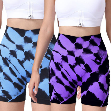 2 Pack Us Local Women's Side Cut-Out Tie-Dye Seamless Hip Lift High Waist Sports Fitness Yoga Shorts - Royalessencelux