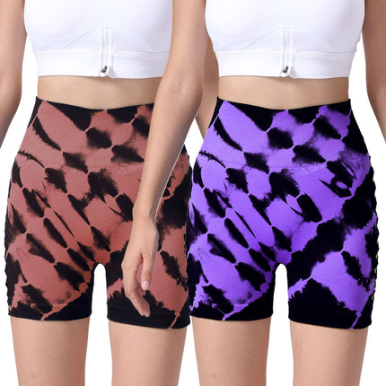 2 Pack Us Local Women's Side Cut-Out Tie-Dye Seamless Hip Lift High Waist Sports Fitness Yoga Shorts - Royalessencelux