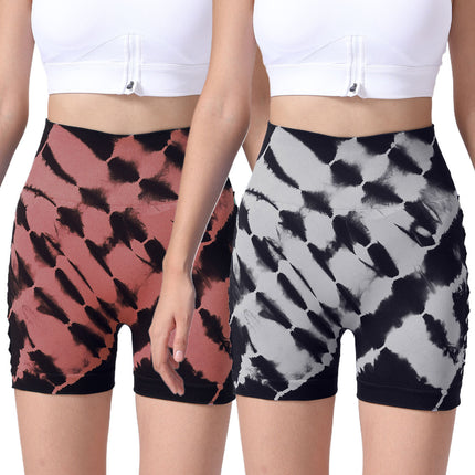 2 Pack Us Local Women's Side Cut-Out Tie-Dye Seamless Hip Lift High Waist Sports Fitness Yoga Shorts - Royalessencelux