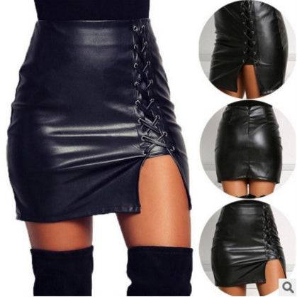 Black Lace Up PU Leather Skirts - Royalessencelux