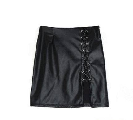 Black Lace Up PU Leather Skirts - Royalessencelux