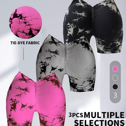 3 PACK Tie Dye Active Wear Shorts, Women Workout Shorts, High Waisted Contour Gym Yoga Biker Shorts, V Back Booty Biker Workout Gym Running Shorts - Royalessencelux