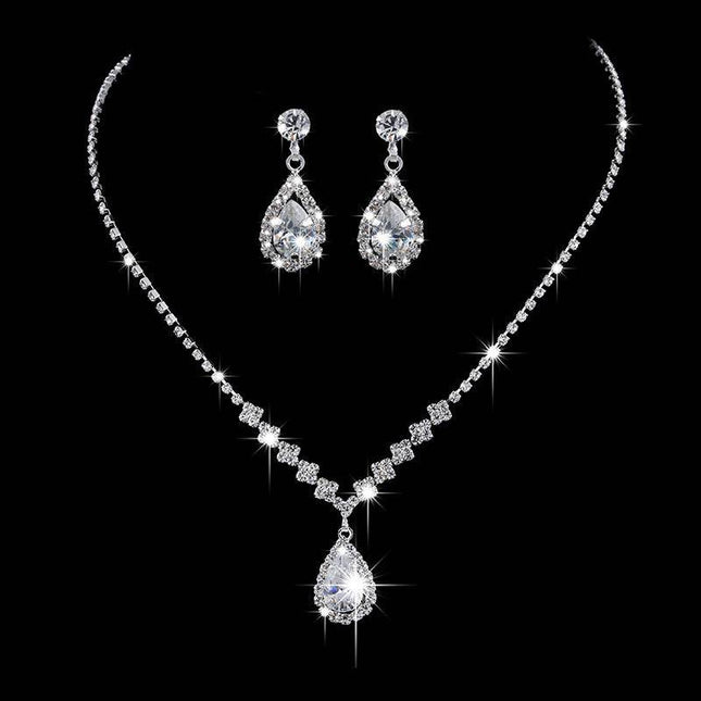 Full Rhinestone Zircon Water Drop Necklace Earrings Jewelry Set - Royalessencelux