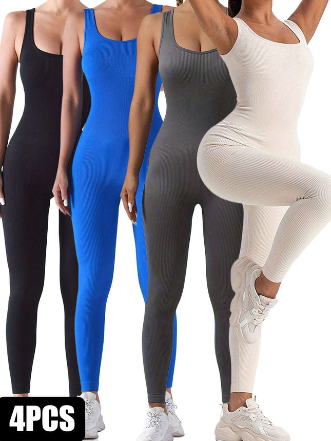 4 Pack Women's Ribbed Solid Color One-Piece Jumpsuit, Form-Fitting Sensual Activewear, Classic Sleeveless Full-Length Pants For Sport Casual Wear Button Full Cup Plus Size Bra Without Wi Royalessencelux