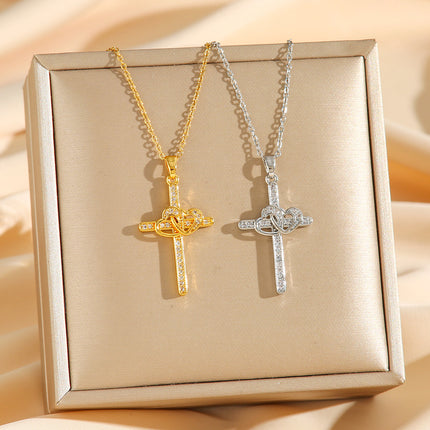 Cross Double Ring Love Heart Surrounded Zircon Pendant Necklace Valentines Day Gift - Royalessencelux