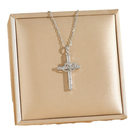 Cross Double Ring Love Heart Surrounded Zircon Pendant Necklace Valentines Day Gift - Royalessencelux