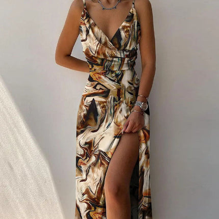 V-neck Slit Sling Dress Summer Fashion Sexy Slim Suspender Dresses For Women Clothing - Royalessencelux