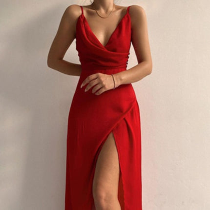 V-neck Slit Sling Dress Summer Fashion Sexy Slim Suspender Dresses For Women Clothing - Royalessencelux