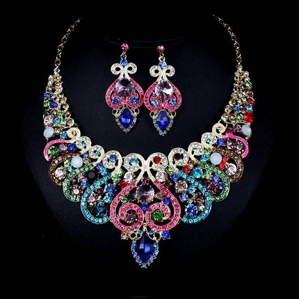 Fast selling explosion, Middle East, Europe and America, colorful exaggerated bride necklace, earring set, alloy color plating - Royalessencelux