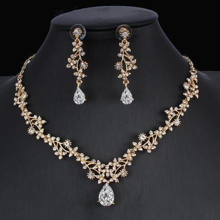 Golden Zircon Jewelry Set Bridal Necklace Earrings Wedding Two-piece Set - Royalessencelux