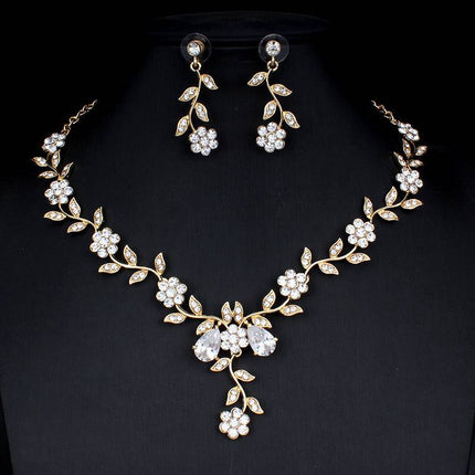 Golden Zircon Jewelry Set Bridal Necklace Earrings Wedding Two-piece Set - Royalessencelux