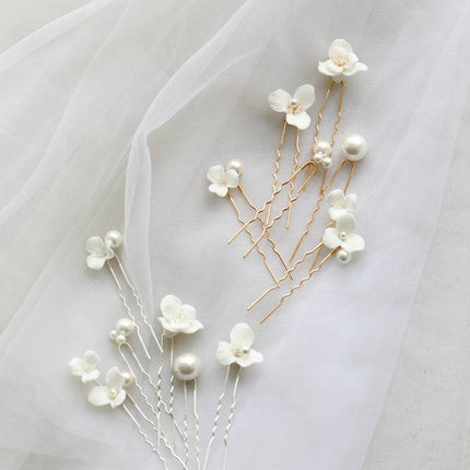 Ceramic Flower Pearl Embellished Bridal Hairpin Hair Plug Simple Hair Accessories - Royalessencelux