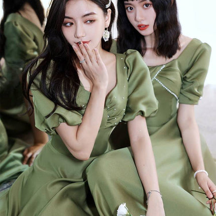 2024 Avocado Green Sisters Group Dress Skirt Women Satin Spring - Royalessencelux