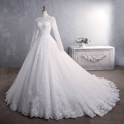 Lace Wedding Dress Bridal Stand-up Collar Long-sleeved Large Tail Large Size - Royalessencelux