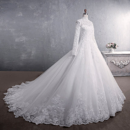 Lace Wedding Dress Bridal Stand-up Collar Long-sleeved Large Tail Large Size - Royalessencelux