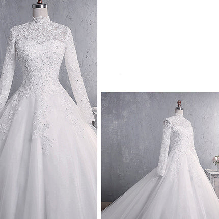 Lace Wedding Dress Bridal Stand-up Collar Long-sleeved Large Tail Large Size - Royalessencelux