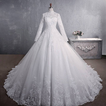 Lace Wedding Dress Bridal Stand-up Collar Long-sleeved Large Tail Large Size - Royalessencelux