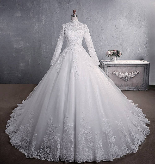 Lace Wedding Dress Bridal Stand-up Collar Long-sleeved Large Tail Large Size - Royalessencelux