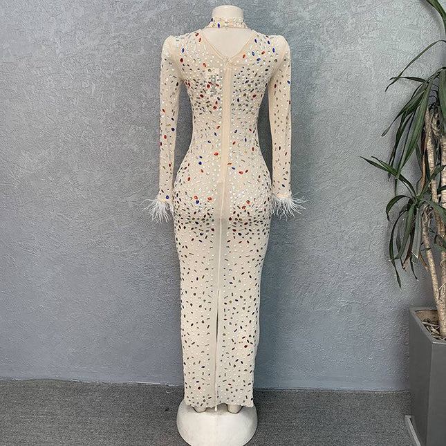 High-end Rhinestone Mesh Stretch European And American Slim Dress - Royalessencelux