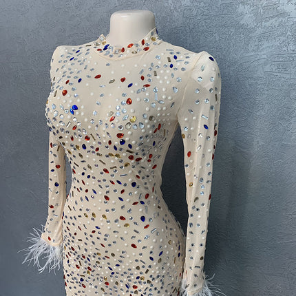 High-end Rhinestone Mesh Stretch European And American Slim Dress - Royalessencelux