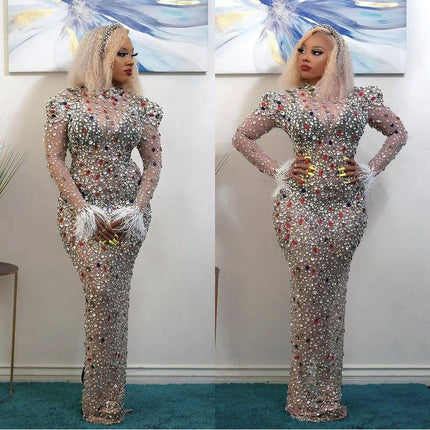 High-end Rhinestone Mesh Stretch European And American Slim Dress - Royalessencelux