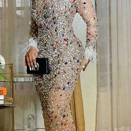 High-end Rhinestone Mesh Stretch European And American Slim Dress - Royalessencelux