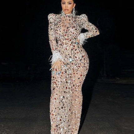 High-end Rhinestone Mesh Stretch European And American Slim Dress - Royalessencelux