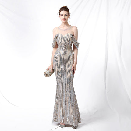 Long Sequined Long Dress With Front And Back - Royalessencelux