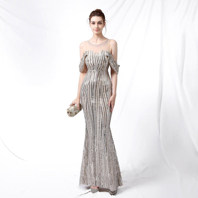 Long Sequined Long Dress With Front And Back - Royalessencelux