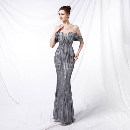 Long Sequined Long Dress With Front And Back - Royalessencelux