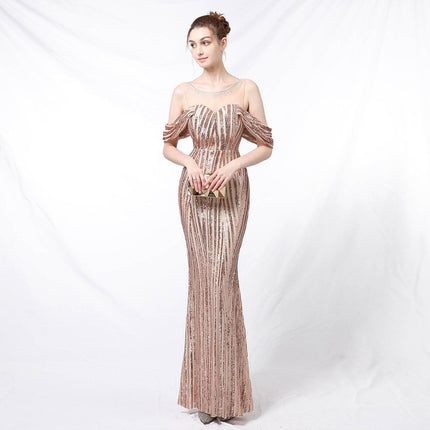 Long Sequined Long Dress With Front And Back - Royalessencelux