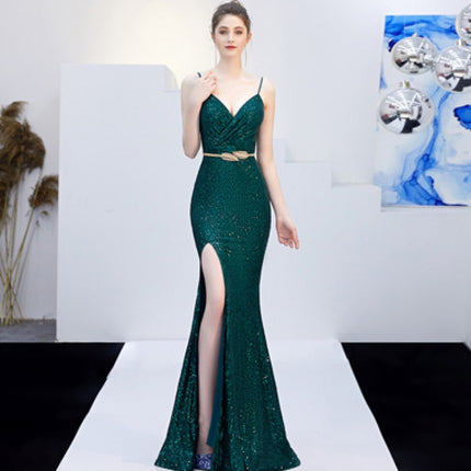 New Banquet Elegant Annual Meeting Long Host Deep V Sexy Fishtail Sequined Dress - Royalessencelux