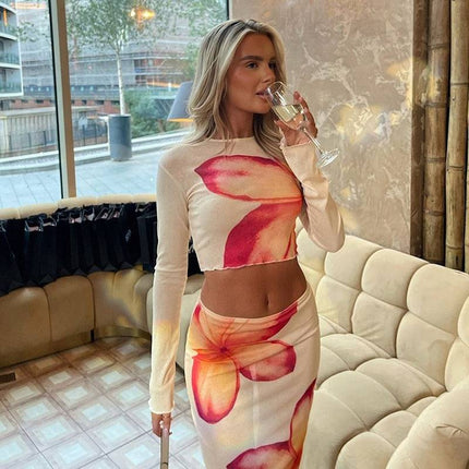 Elegant Slim Print Round Neck Long Sleeve Top Mid-length Dress Set - Royalessencelux