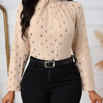 Ladies' Polka Dot Printed Pleated Collar Fashionable Date Commuting Shopping Long Sleeved Shirt - Royalessencelux