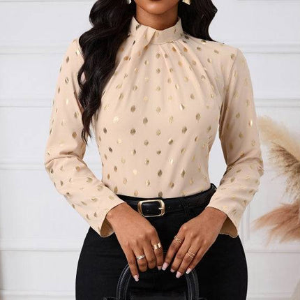 Ladies' Polka Dot Printed Pleated Collar Fashionable Date Commuting Shopping Long Sleeved Shirt - Royalessencelux