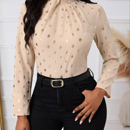 Ladies' Polka Dot Printed Pleated Collar Fashionable Date Commuting Shopping Long Sleeved Shirt - Royalessencelux