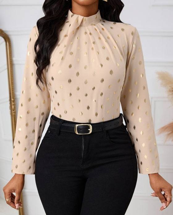 Ladies' Polka Dot Printed Pleated Collar Fashionable Date Commuting Shopping Long Sleeved Shirt - Royalessencelux