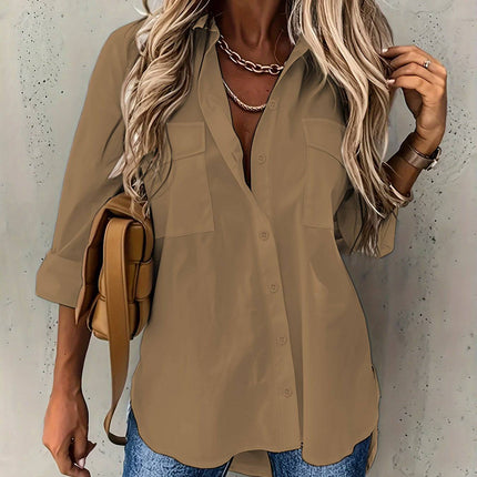 Loose Long Sleeve Lapel Shirt With Pockets Top - Royalessencelux