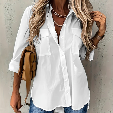 Loose Long Sleeve Lapel Shirt With Pockets Top - Royalessencelux