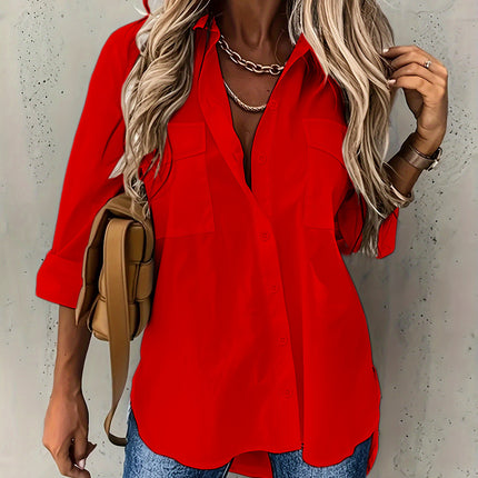 Loose Long Sleeve Lapel Shirt With Pockets Top - Royalessencelux