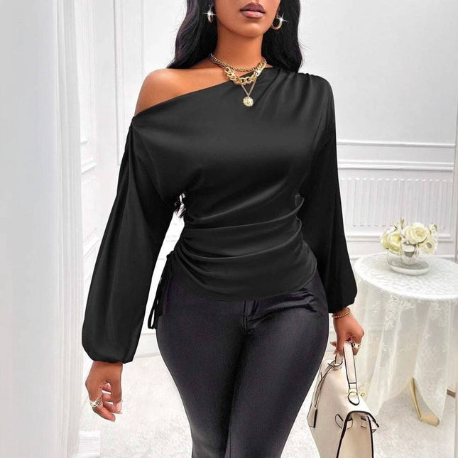 Women's Satin Shirt Asymmetric Long Sleeve Diagonal Collar Shirt Top - Royalessencelux