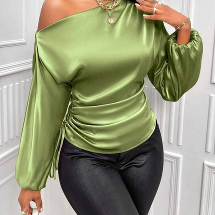 Women's Satin Shirt Asymmetric Long Sleeve Diagonal Collar Shirt Top - Royalessencelux
