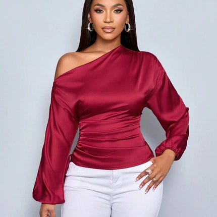 Women's Satin Shirt Asymmetric Long Sleeve Diagonal Collar Shirt Top - Royalessencelux